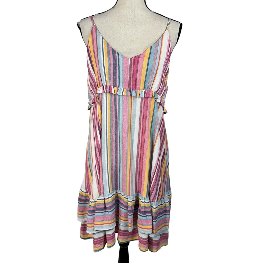 Umgee Large A-Line Mini Dress Striped V-Neck Lined Sleeveless Ruffled Multicolor